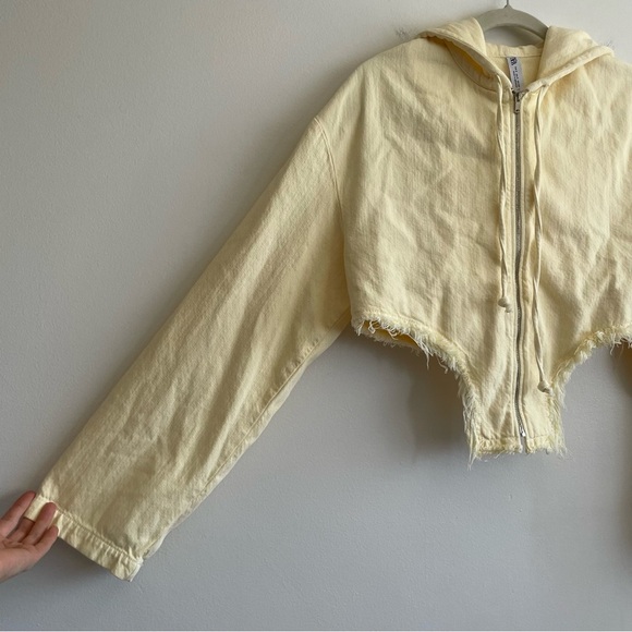 Zara Cropped Jean jacket pale light butter yellow asymmetrical zip flare hooded - Picture 5 of 9